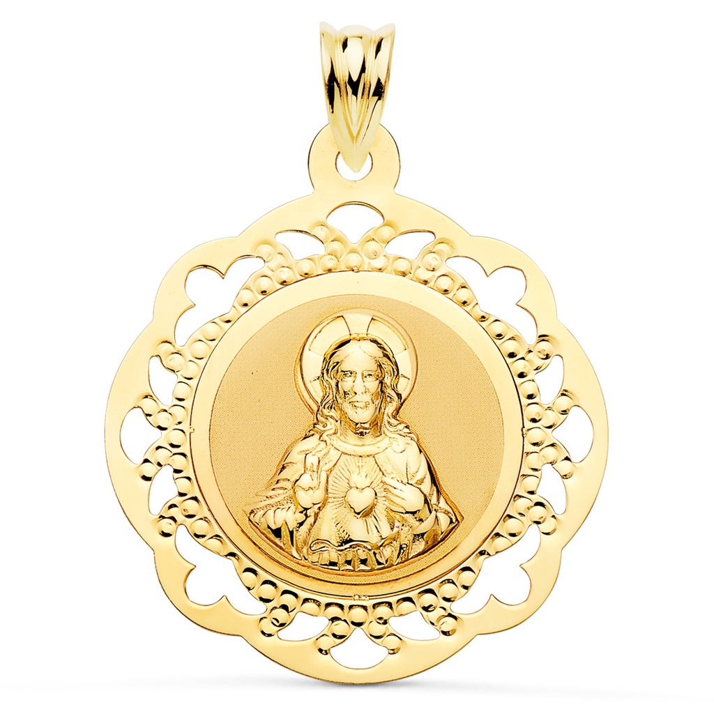 18K ESCAPULARIO VIRGEN DEL CARMEN Y CORAZON DE JESUS CALADO BRILLO 31 X 27 MM