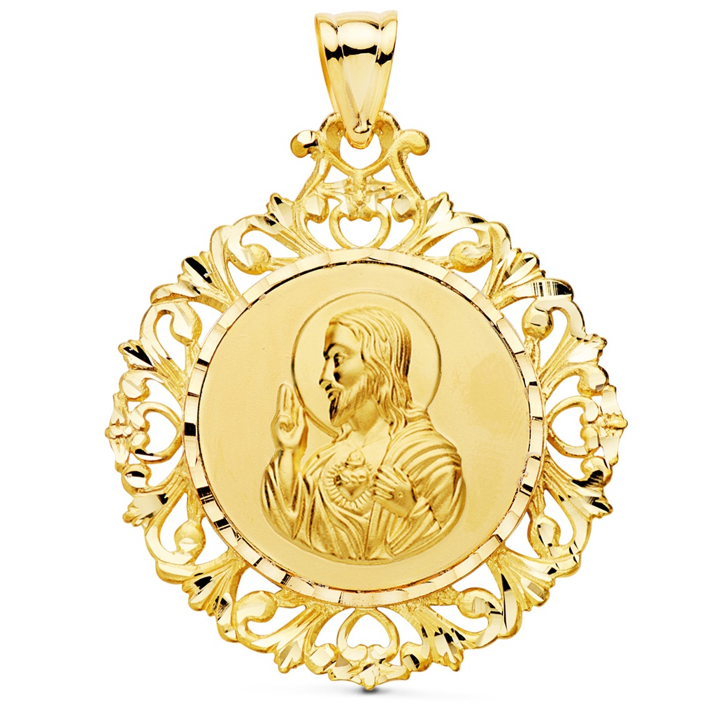 18K MEDALLA ESCAPULARIO CERCO CORAZON DE JESUS Y V CARMEN 45X40 MM