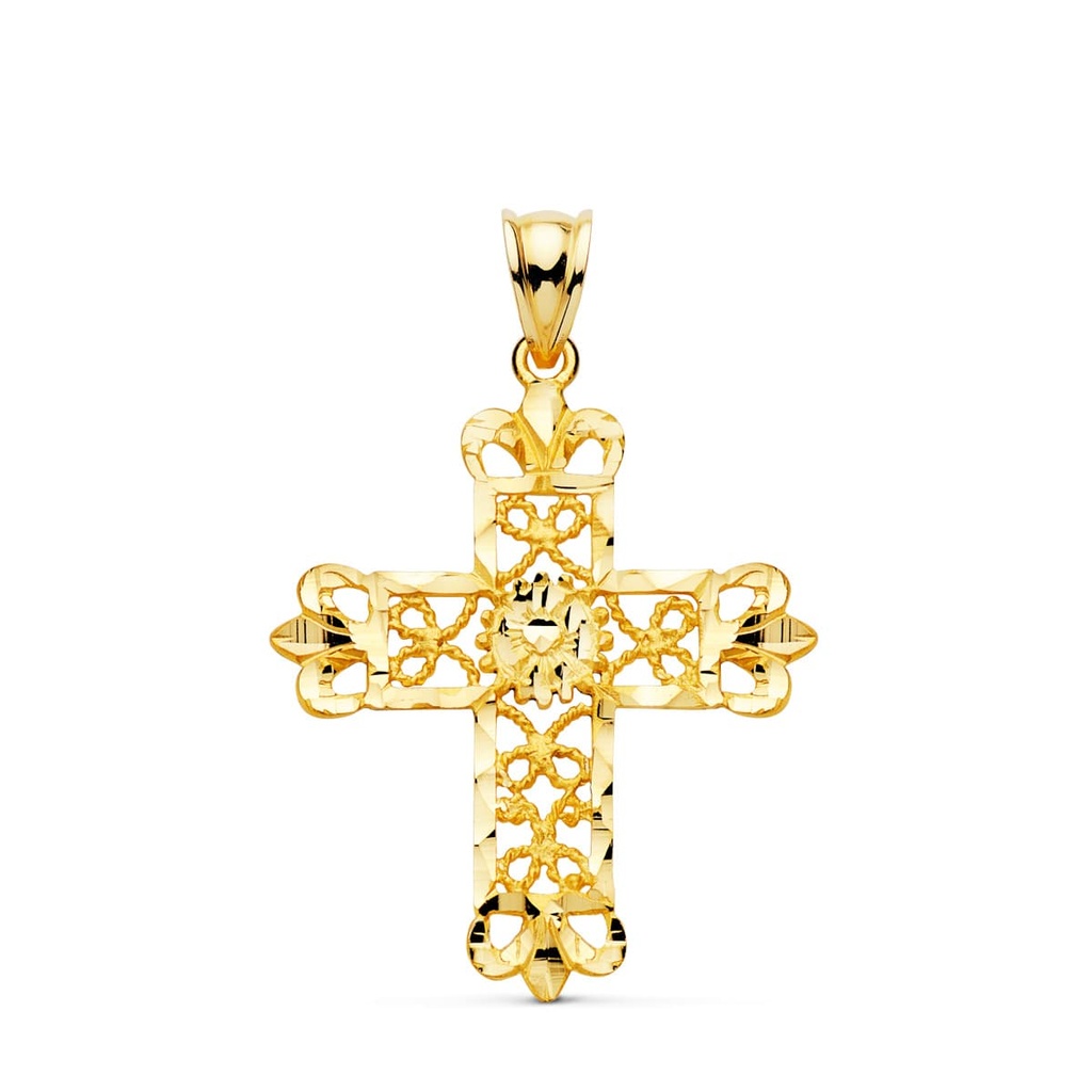18K CRUZ ORO AMARILLO FILIGRANA BORDES TALLADOS. 35X29 MM