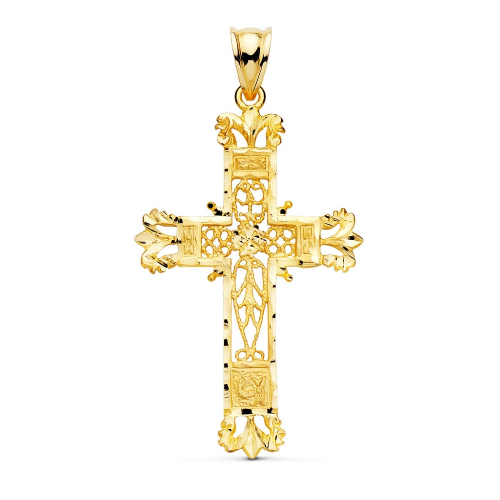 18K CRUZ ORO AMARILLO FILIGRANA BORDES TALLADOS. 44X28 MM