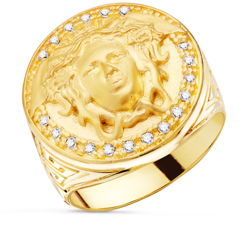 18K SELLO ORO AMARILLO MEDUSA CON CIRCONITAS LATERAL GRECA ANCHO 19 MM