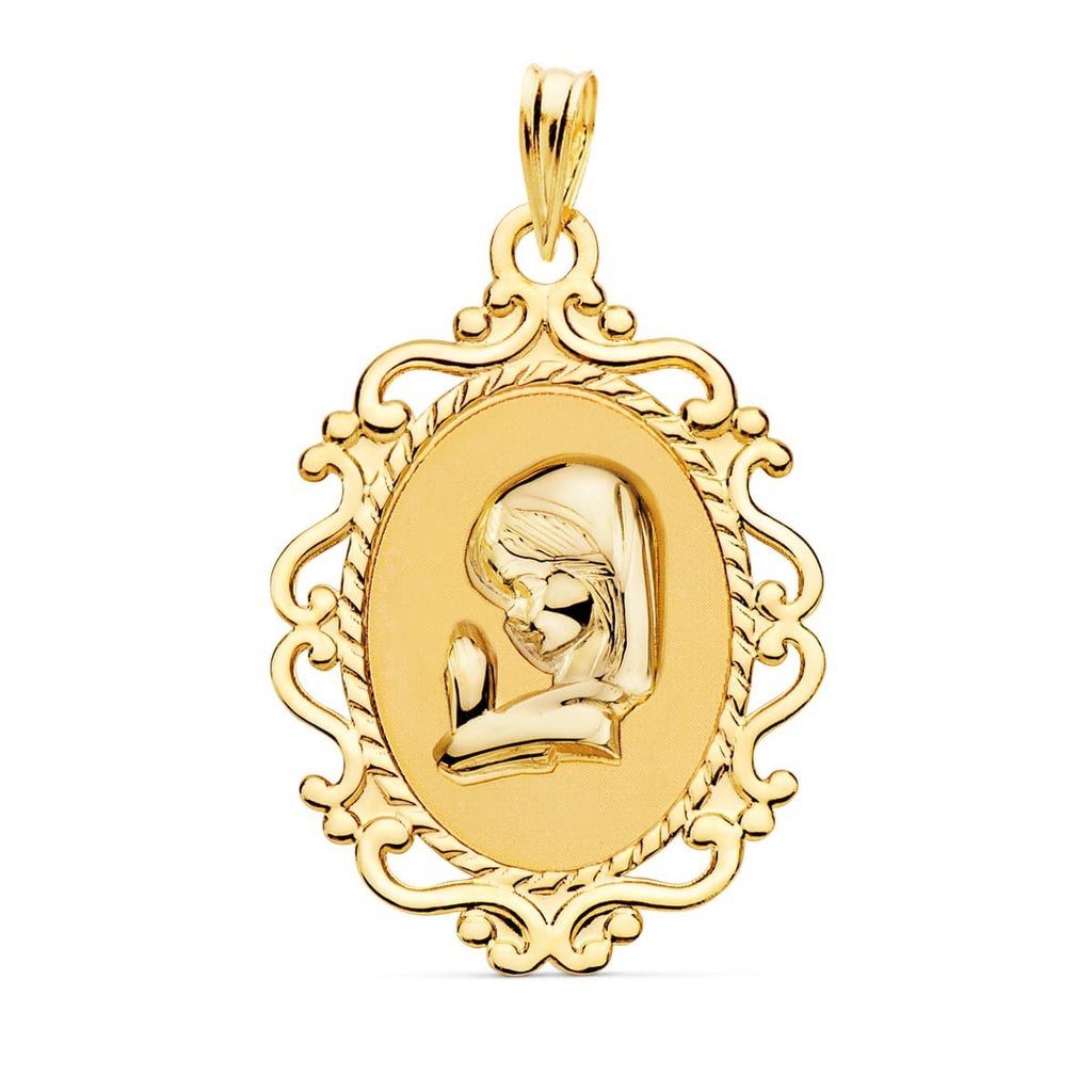 18K MEDALLA VIRGEN NIÑA CERCO CALADO BRILLO 27X21 MM