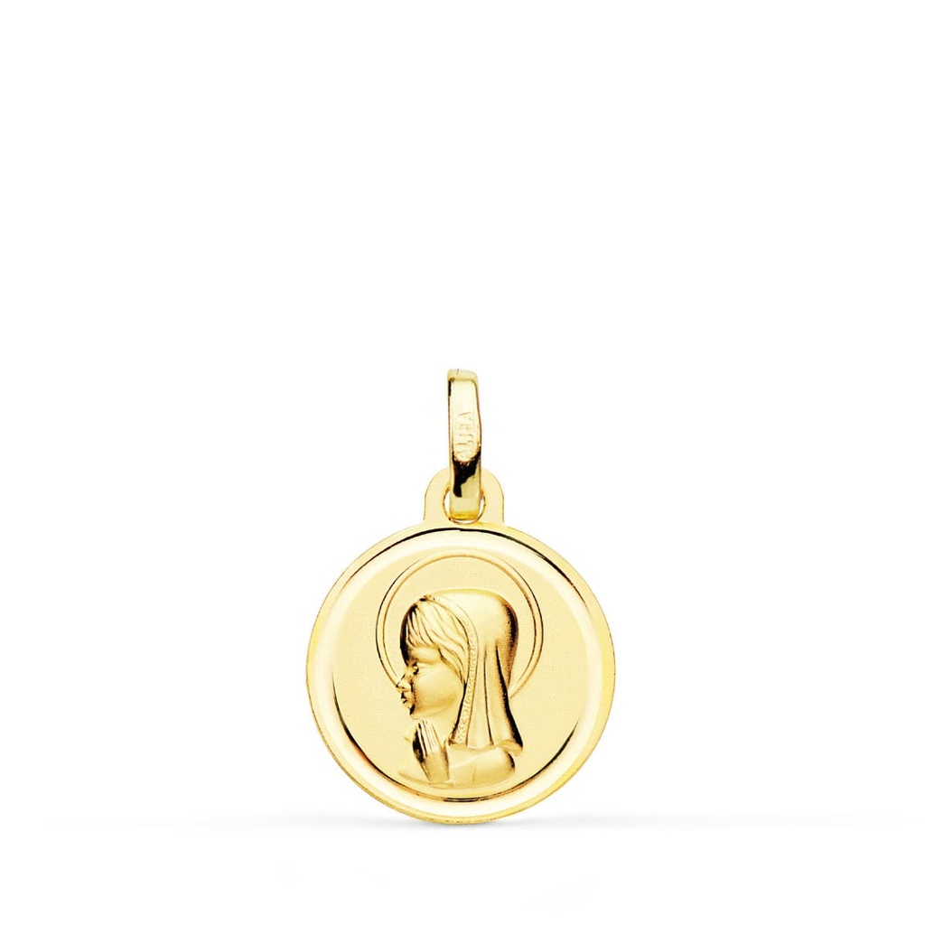 18K MEDALLA VIRGEN NIÑA MATIZADA CON BISEL 14 MM