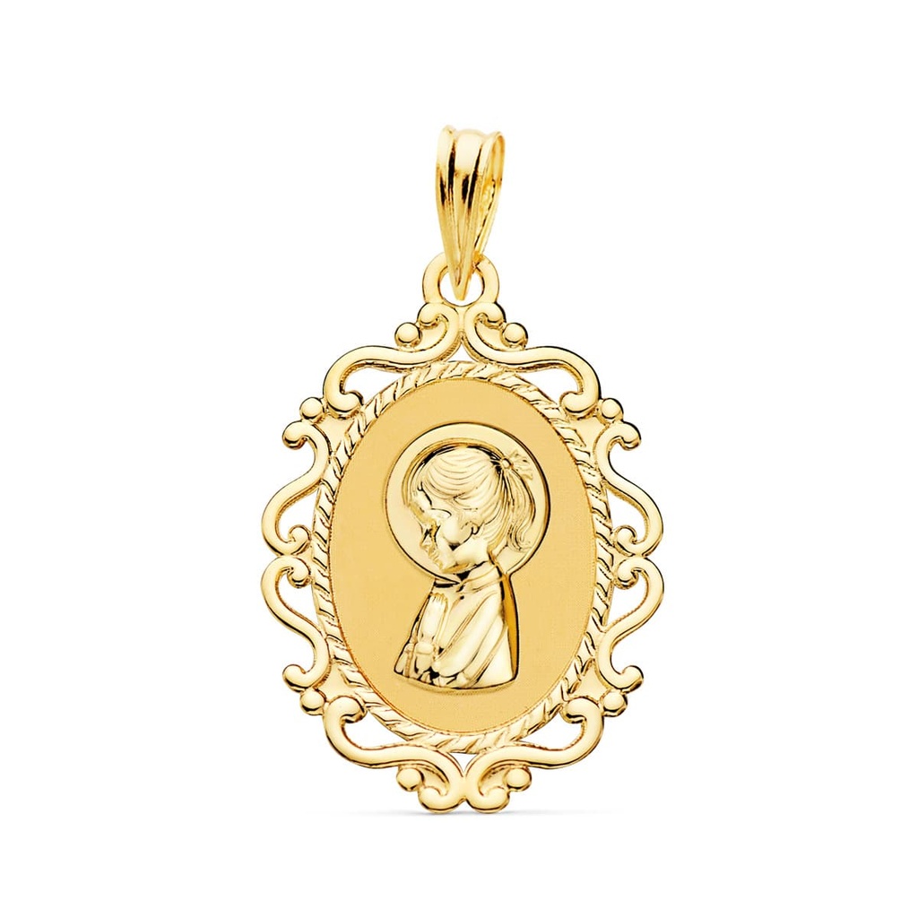 18K MEDALLA VIRGEN NIÑA PERFIL CERCO CALADO BRILLO 23X16 MM
