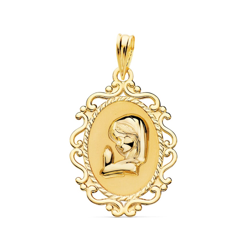 18K MEDALLA VIRGEN NIÑA PERFIL CERCO CALADO BRILLO. 23 X 16 MM