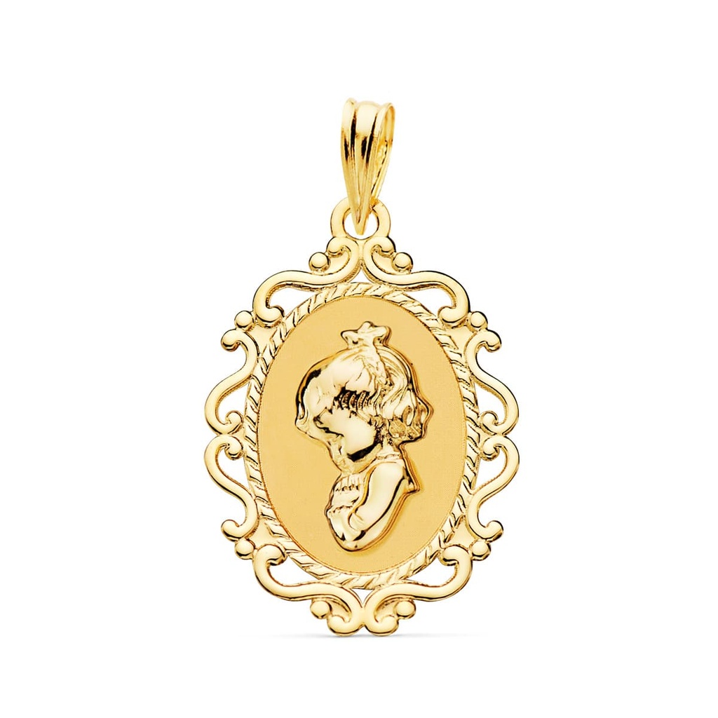 18K MEDALLA VIRGEN NIÑA PERFIL CERCO CALADO BRILLO. 23 X 16 MM