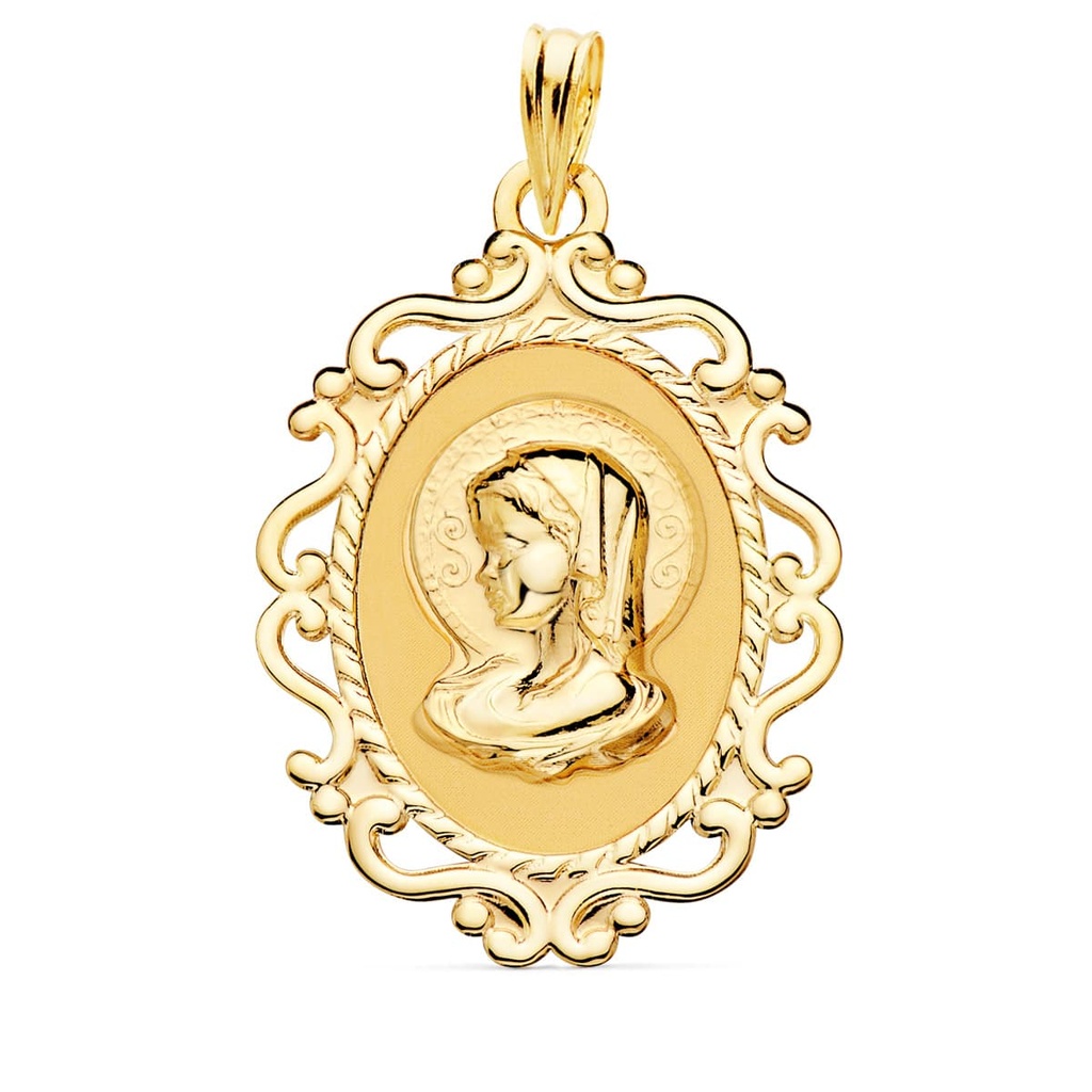 18K MEDALLA VIRGEN NIÑA CERCO CALADO EN BRILLO. 31 X 21 MM