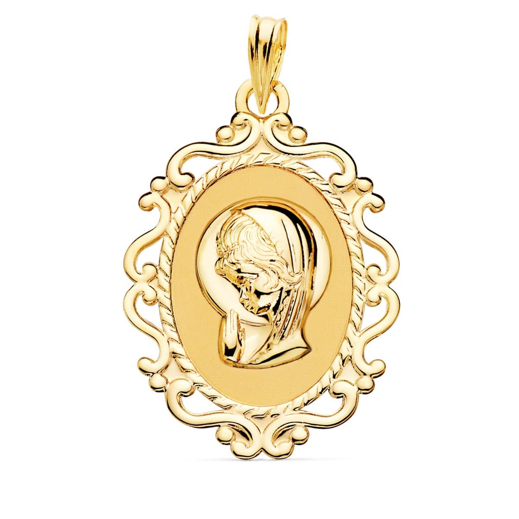 18K MEDALLA VIRGEN NIÑA CERCO CALADO EN BRILLO 31X21 MM