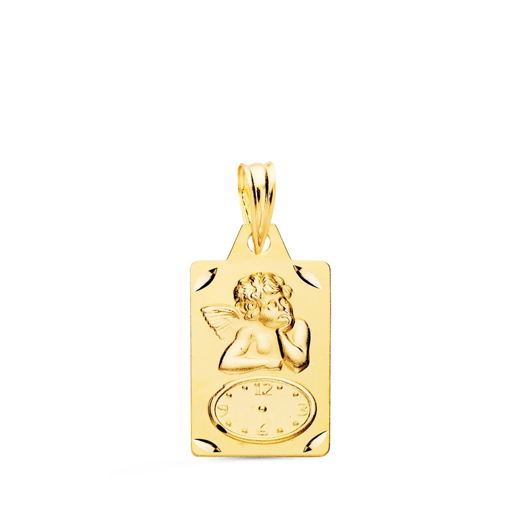 18K MEDALLA RECTANGULO ANGELITO BURLON CON RELOJ TALLADA 19X11 MM