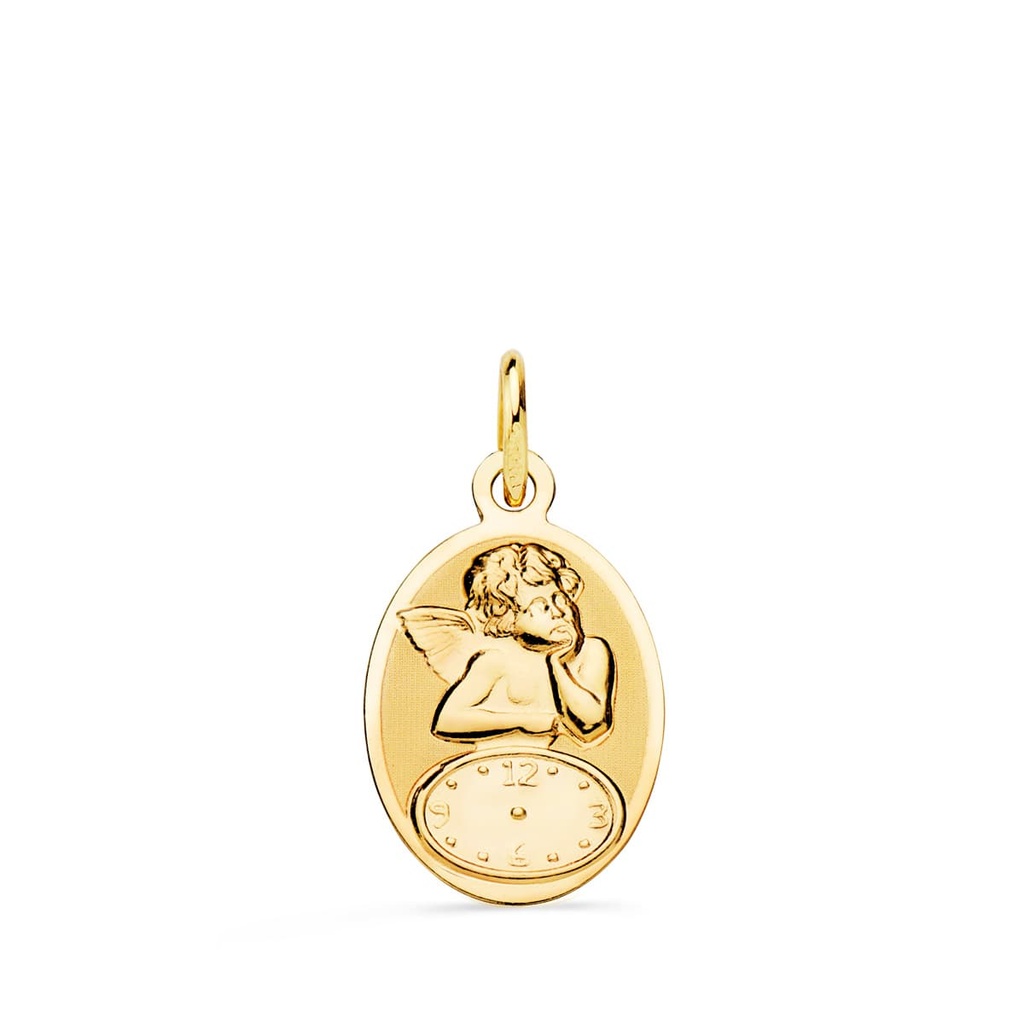 18K MEDALLA OVAL ANGELITO BURLON CON RELOJ BRILLO Y MATE 19X12 MM