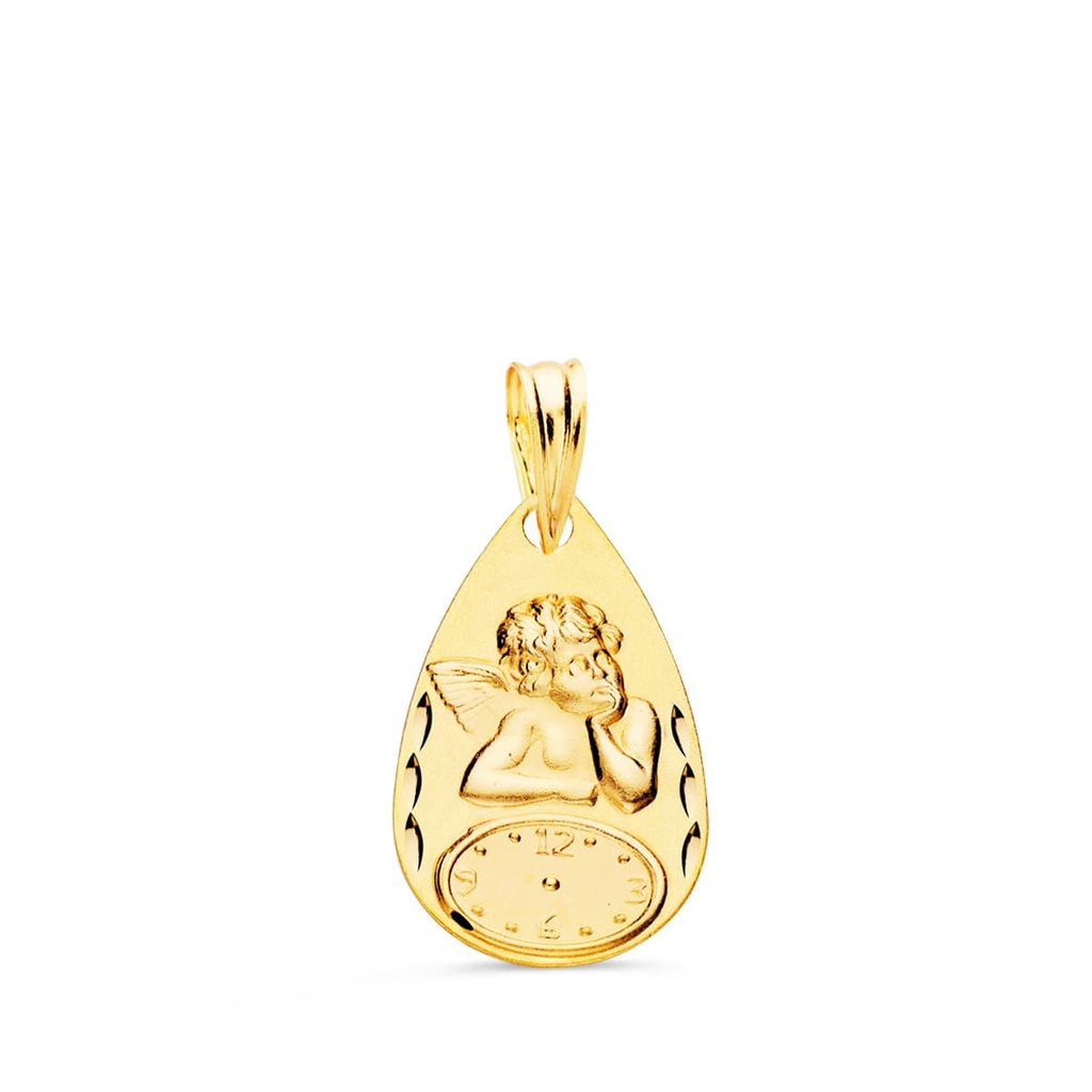 18K MEDALLA GOTA ANGELITO BURLON CON RELOJ TALLADA 19X11 MM