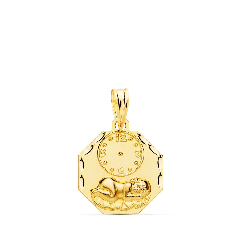 18K MEDALLA OCTOGONAL NIÑO DE LA HORA CON RELOJ TALLADA 15X15 MM