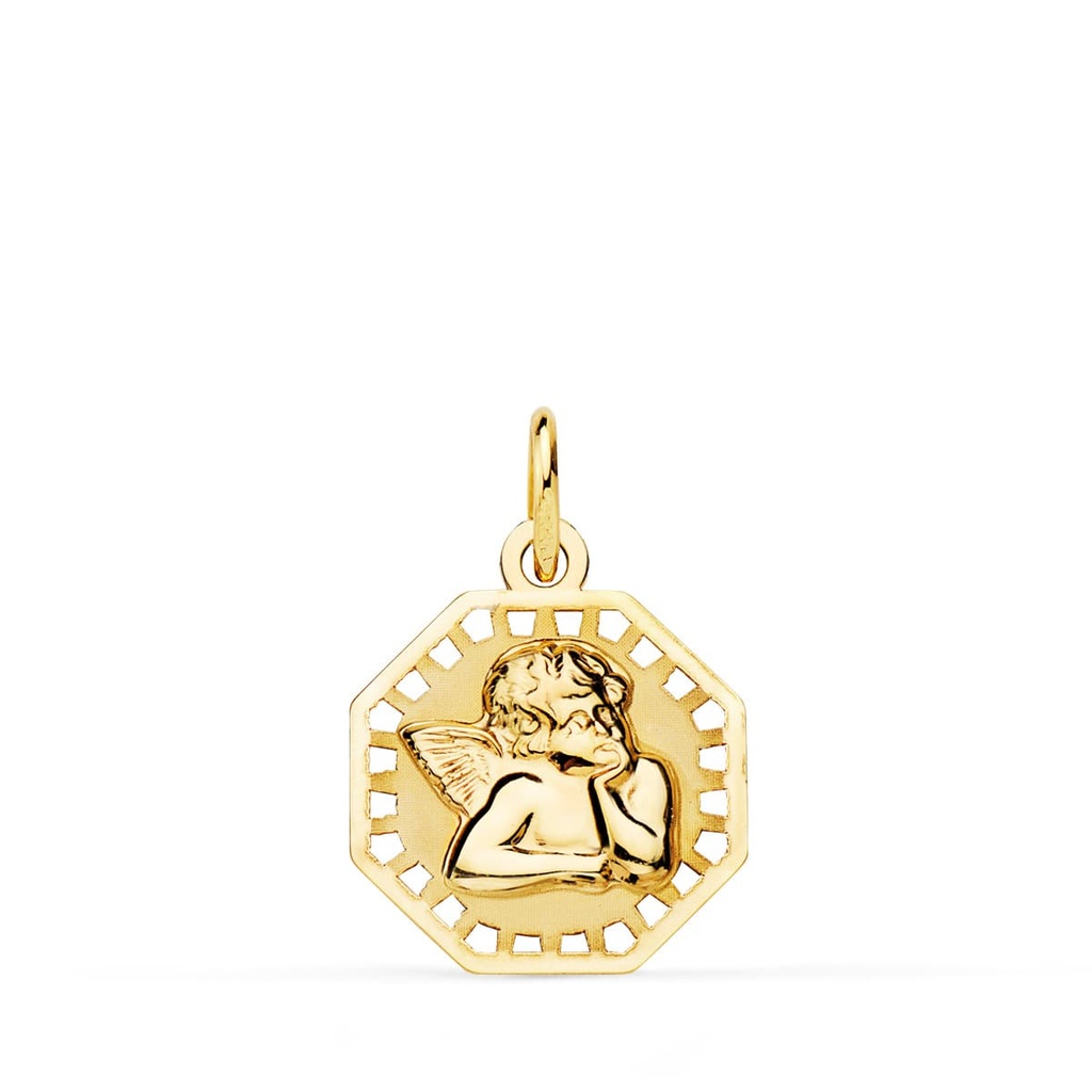 18K MEDALLA OCTOGONAL ANGELITO BURLON BRILLO Y MATE 14X14 MM