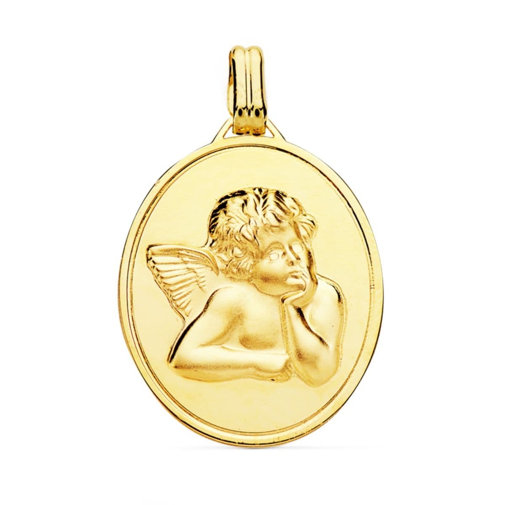18K COLGANTE MEDALLA ACABADO EN BRILLO Y ANGEL BURLON EN MATIZADO 24X18 MM
