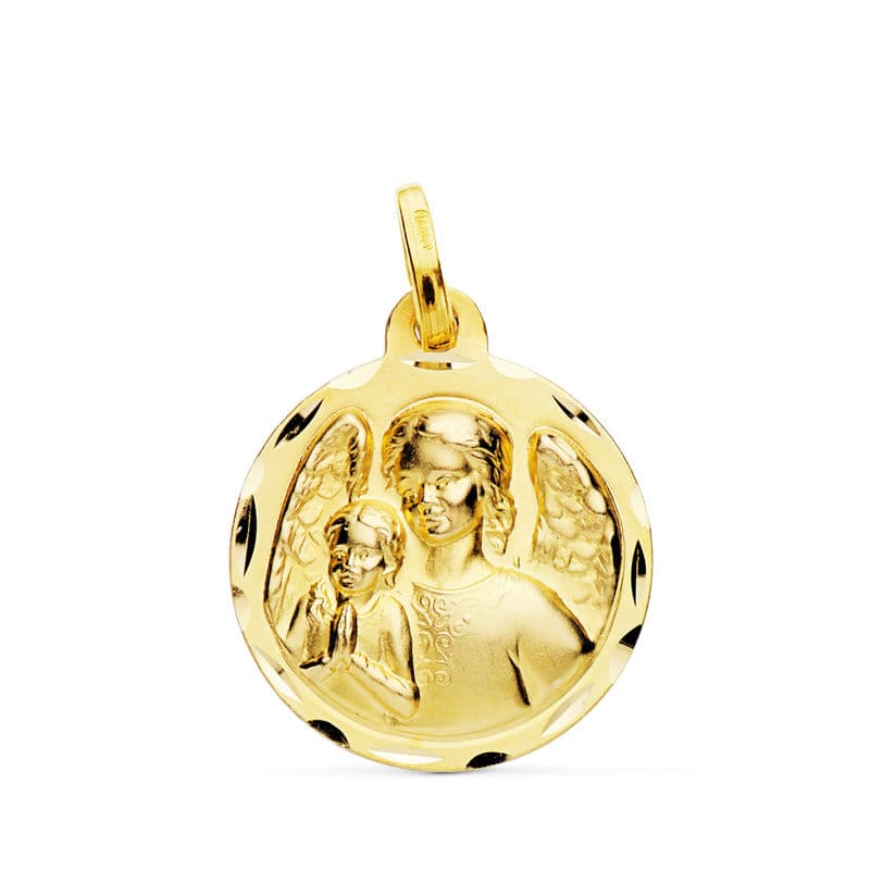 18K MEDALLA ANGEL DE LA GUARDA CON NIÑO TALLADA 18 MM