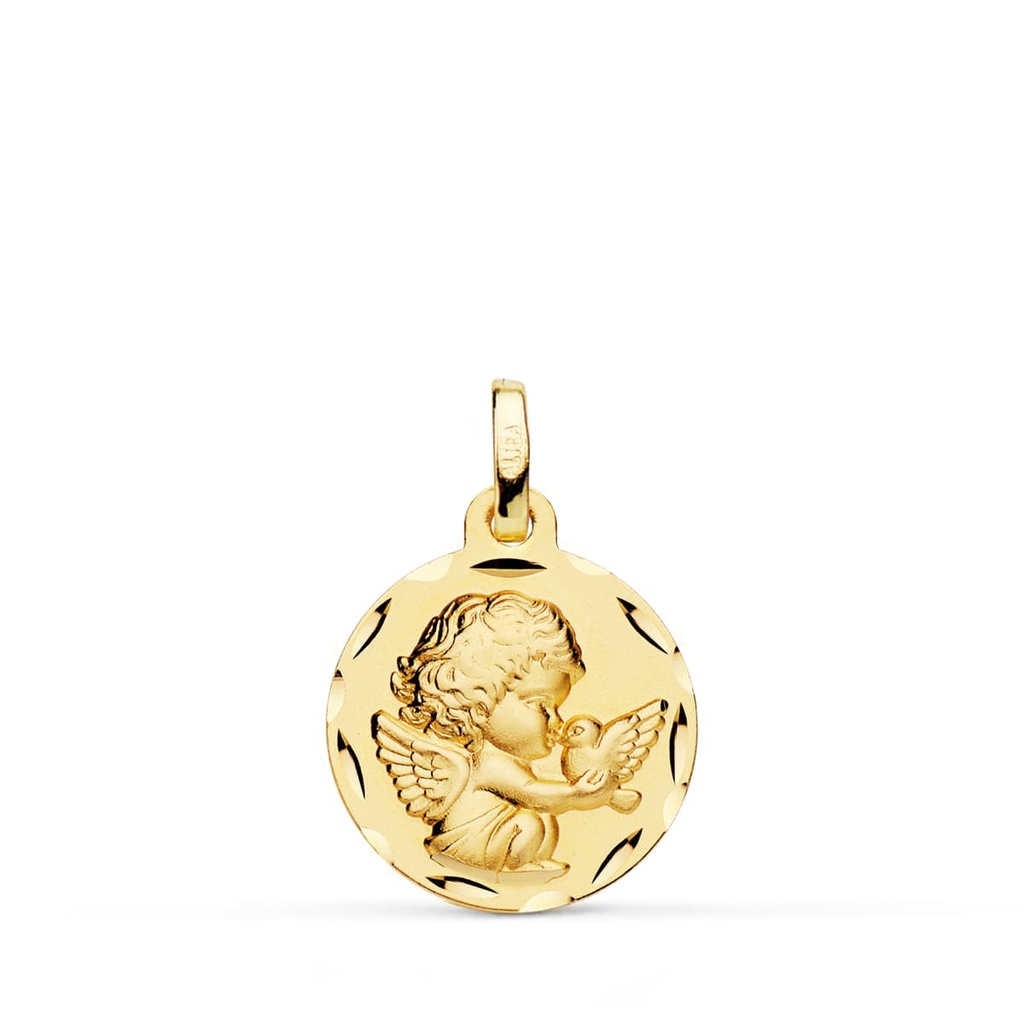 18K MEDALLA ANGELITO BURLON CON PALOMA TALLADA 16 MM
