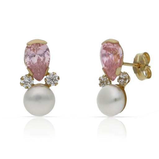 [P1516] Pendientes oro 18 kt rosa + perlas + circonitas