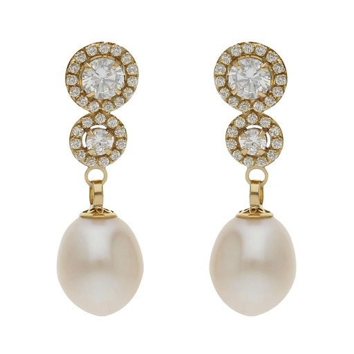 [P1463] Pendientes oro 18 kt perlas cultivadas + circonitas - 8x26mm