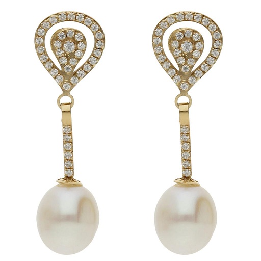 [P1464] Pendientes oro 18 kt perlas cultivadas + circonitas - 9x31mm