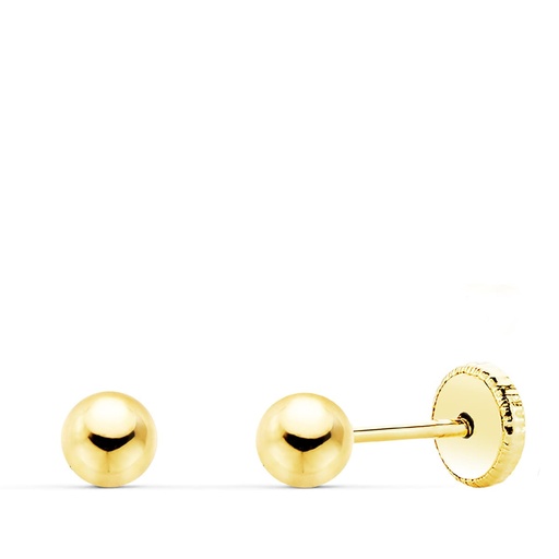 [P0001] 18K PENDIENTES ORO AMARILLO BOLA LISA 4 MM CIERRE ROSCA