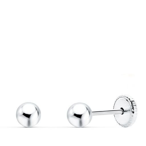 [P0001-OB] 18K PENDIENTES ORO BLANCO BOLA LISA 4 MM CIERRE ROSCA