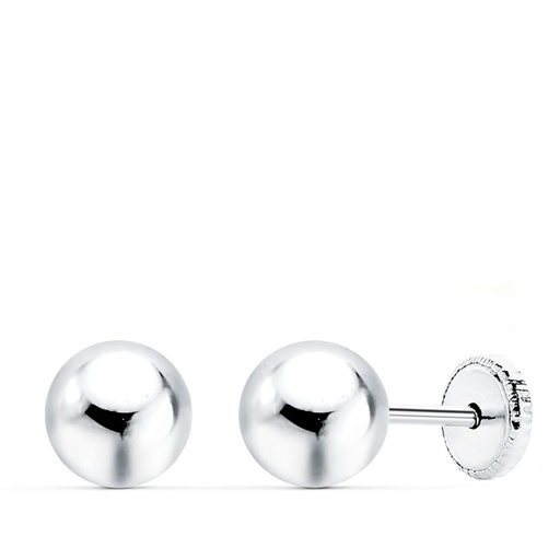 [P0003-OB] 18K PENDIENTES ORO BLANCO BOLA LISA 6 MM CIERRE ROSCA