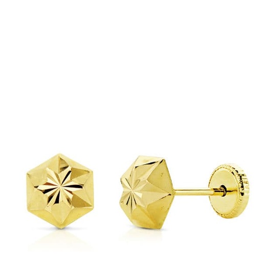 [P0015] 18K PENDIENTES ORO AMARILLO CLAVO ESTRELLA TALLADOS 6 MM CIERRE TUERCA