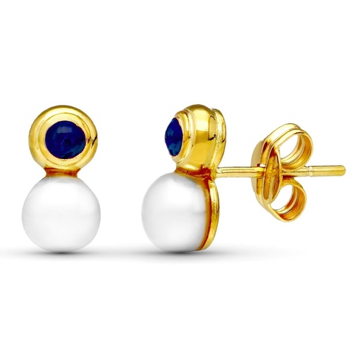 [P0071-AZ] 18K PENDIENTES ORO AMARILLO PERLA Y PIEDRA AZUL 10X5 MM