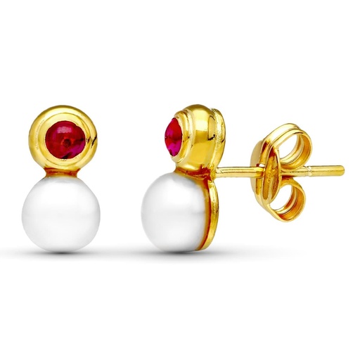 [P0071-RO] 18K PENDIENTES ORO AMARILLO PERLA Y PIEDRA ROJA 10X5 MM