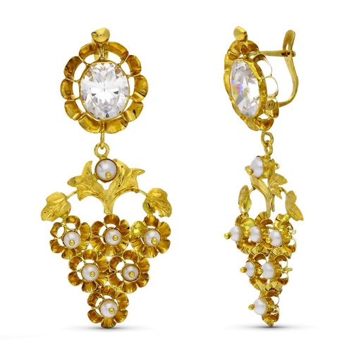 [P0289] 18K PENDIENTES ORO AMARILLO MANTILLA CIRCONITA Y PERLA TOTAL 50X22 MM CATALAN