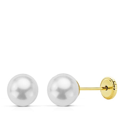 [P0694] 18K PENDIENTES ORO AMARILLO PERLA 6 MM ROSCA