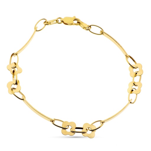 [P07000043] 18K PULSERA ORO AMARILLO ESLABONES Y FLORES 19.5 CM
