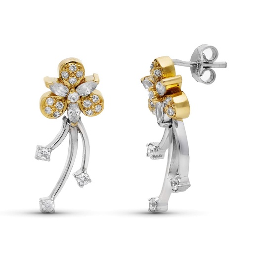 [P07000491] 18K PENDIENTES ORO BICOLOR LARGOS FLOR CIRCONITAS