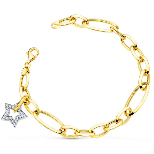 [P07000673] 18K PULSERA ORO BICOLOR ESLABONES CON COLGANTE ESTRELLA CIRCONITAS 15 MM 20 CM