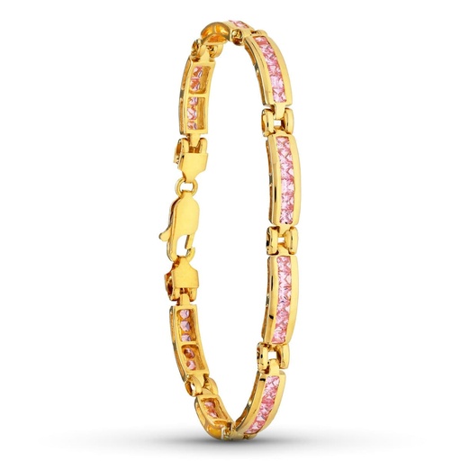 [P07000713] 18K PULSERA ORO AMARILLO TRAMOS PIEDRAS ROSA