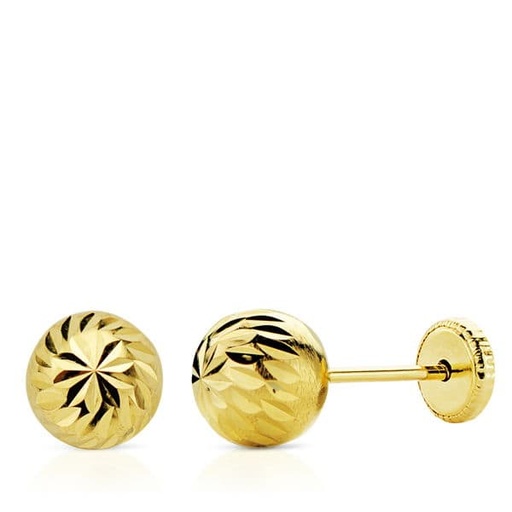 [P0701] 18K PENDIENTES ORO AMARILLO BOLA TALLADA 6 MM ROSCA