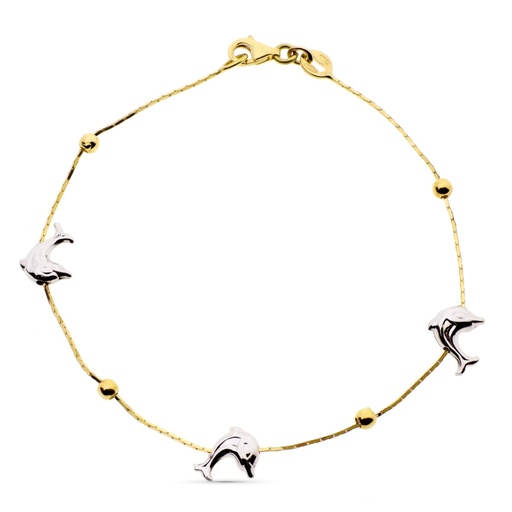 [P08000041] 18K PULSERA ORO BICOLOR DELFINES Y BOLAS LISAS.