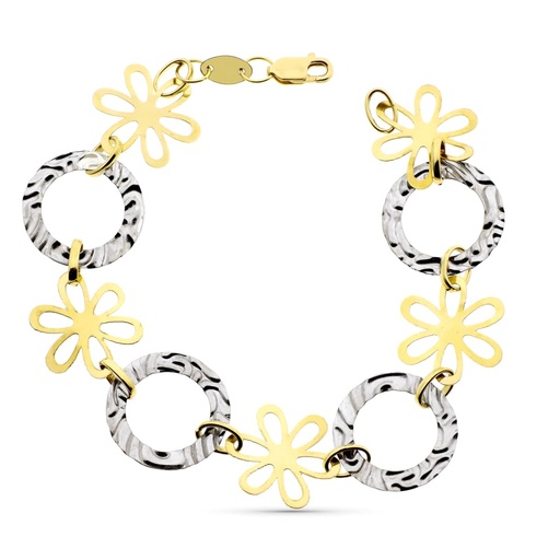 [P08000070] 18K PULSERA ORO BICOLOR FLORES Y MOTIVOS REDONDOS CON ONDAS.