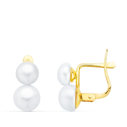 [P0830] 18K PENDIENTES ORO AMARILLO TU Y YO PERLA 11X6 MM CIERRE CATALAN