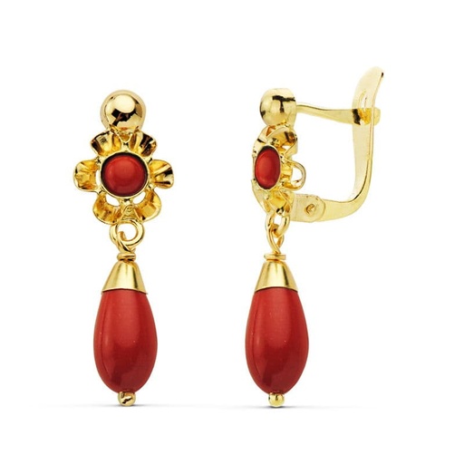 [P0958-C] 18K PENDIENTES LAGRIMA CORAL 20X7 MM