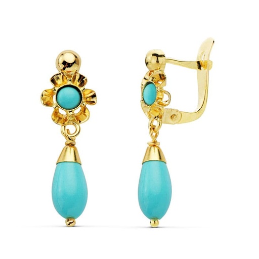 [P0958-T] 18K PENDIENTES LAGRIMA TURQUESA 22X7 MM