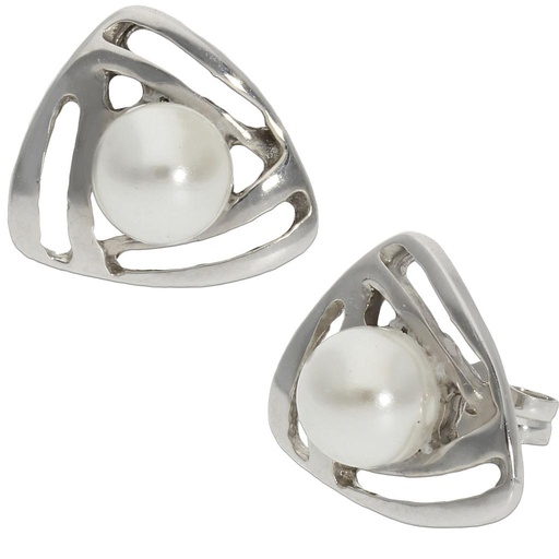 [P1097] Pendientes oro blanco 18 kt triangulares perlas 