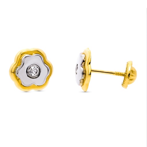 [P10325] 18K PENDIENTES ORO BICOLOR TREBOL. 8X8 MM CIERRE ROSCA