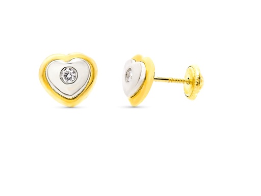 [P10327] 18K PENDIENTES ORO BICOLOR CORAZON 8X7 MM CIERRE ROSCA