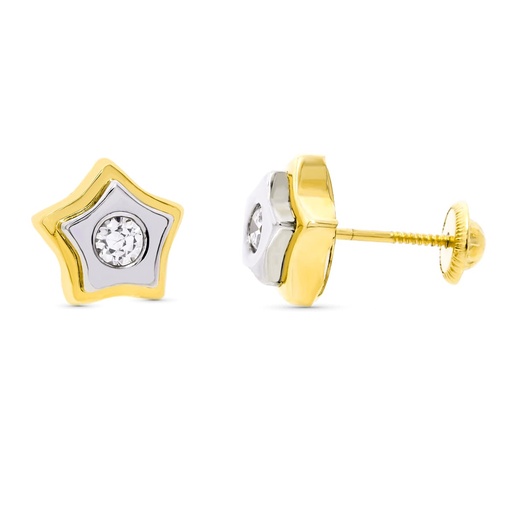 [P10539] 18K PENDIENTES ORO BICOLOR ESTRELLA 9X9 MM CIERRE ROSCA