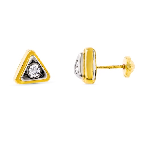 [P10567] 18K PENDIENTES ORO BICOLOR TRIANGULO CON CIRCONITAS 8X8 MM CIERRE ROSCA