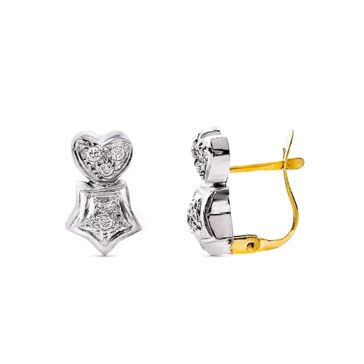 [P10603] 18K PENDIENTES ORO BICOLOR CORAZON Y ESTRELLA CON CIRCONITAS 13X8 MM
