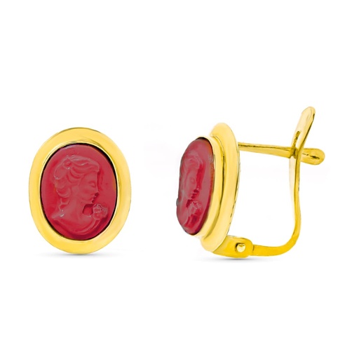 [P10618] 18K PENDIENTES CAMAFEO CORAL 9X11 MM CIERRE CATALAN