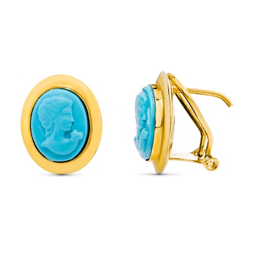 [P10619-T] 18K PENDIENTES ORO AMARILLO CAMAFEO 10X8 MM TURQUESA