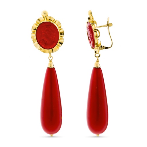 [P10694-C] 18K PENDIENTES ORO AMARILLO CAMAFEO Y CORALINA CIERRE CATALAN